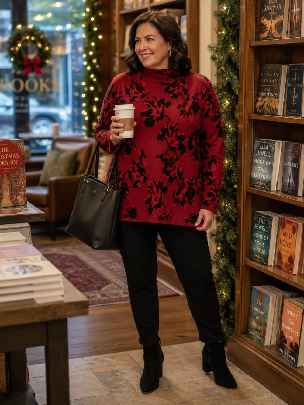 Rafaella Plus Size 3X Red & Black Floral Mock Neck Sweater Knit Pullover